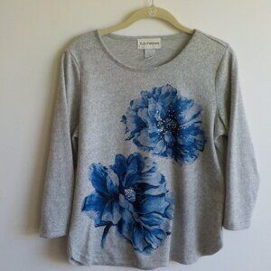 C.D.Petites  Sweater Grey Blue Flower Size Petite Small